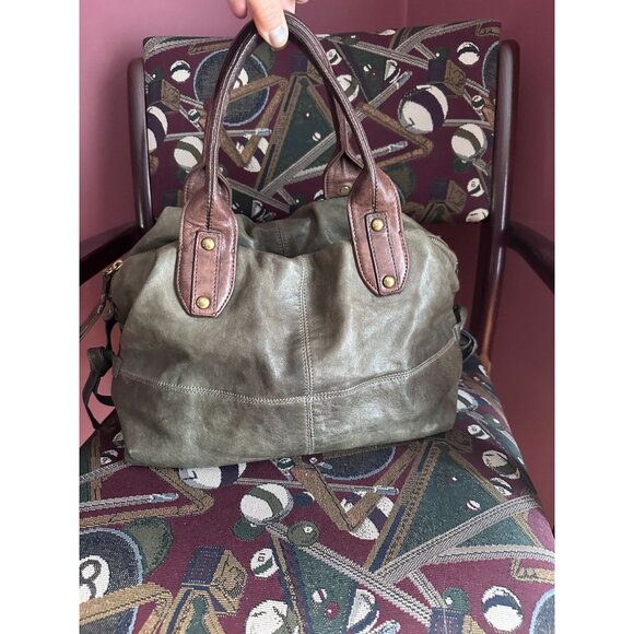 Kooba all leather 2 tone top handle handbag brown and olive green - Picture 1 of 8